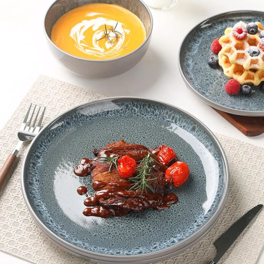 Ceramic Dinnerware Sets For 4, 12 Pieces, Handcrafted Stoneware Plates And Bowls Sets With Flowing Glaze, Microwave &