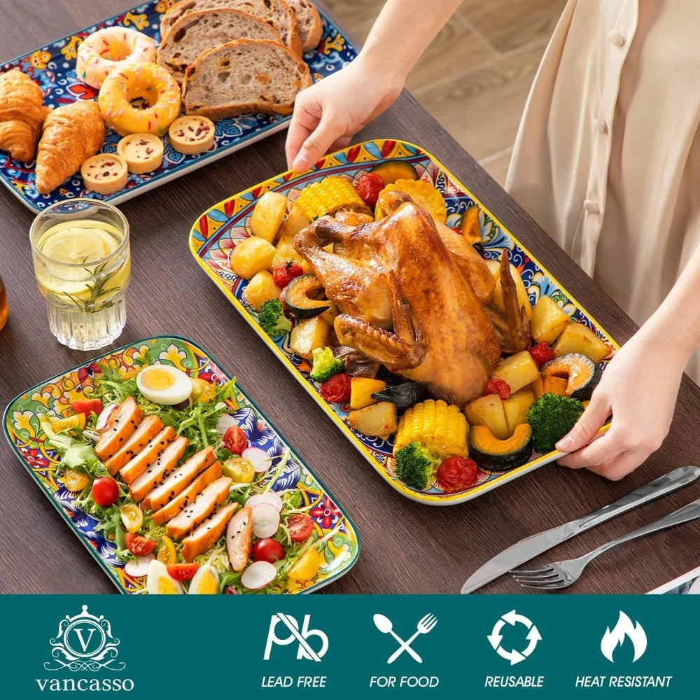 Rectangular Serving Platters Set, 3-Piece, Sizes 16", 14", 12" - Large Bohemian Ceramic Dishes