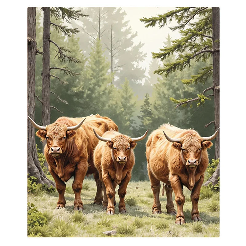 1pc Flannel Blanket Rustic Highland Cattle in Forest Scenic Blanket - Cozy Cabin Style Throw