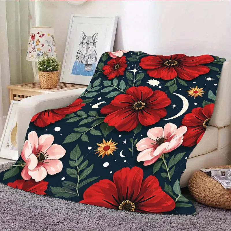 1pc Flannel Blanket "Boho Floral Blanket with Celestial Stars and Moons for Cozy Nights"