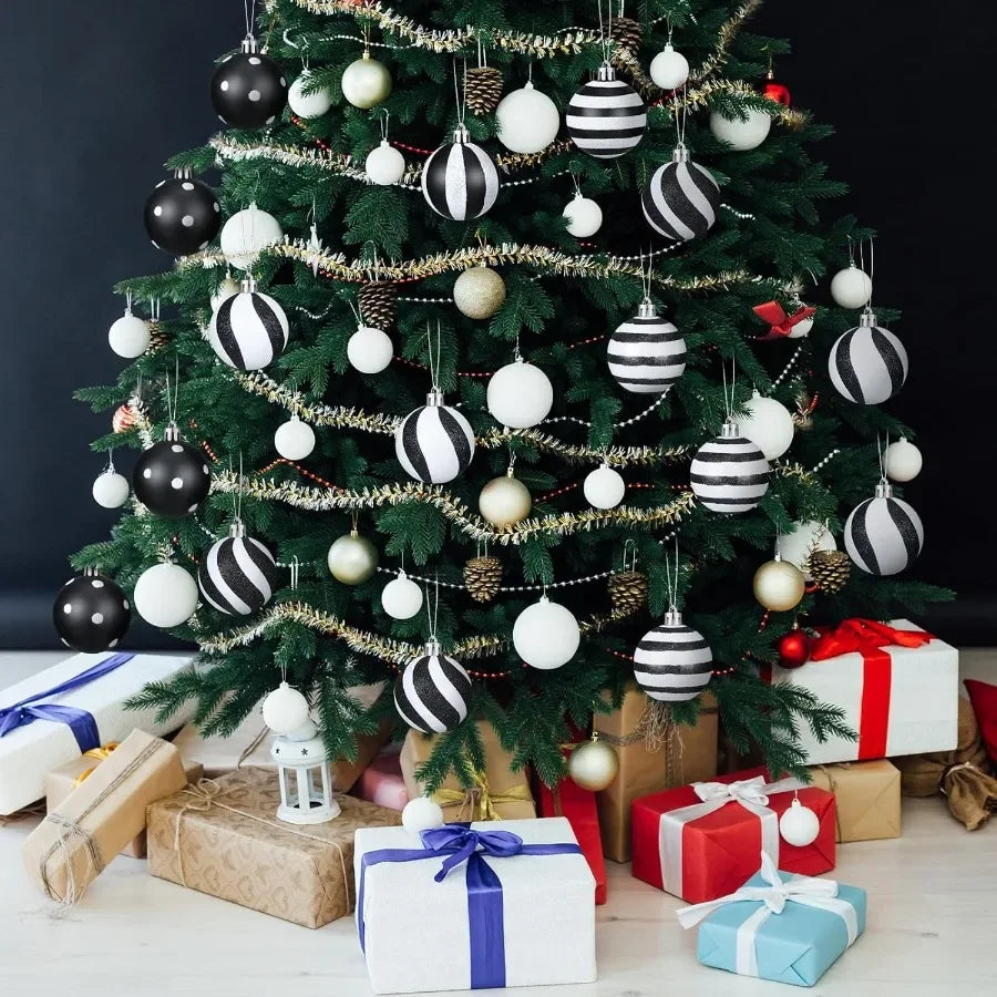 24 Pcs Christmas Black and White Ball Ornaments with Stripe Dot Design for Holiday Tree and Party Decoration Supplies 3.15 Inch