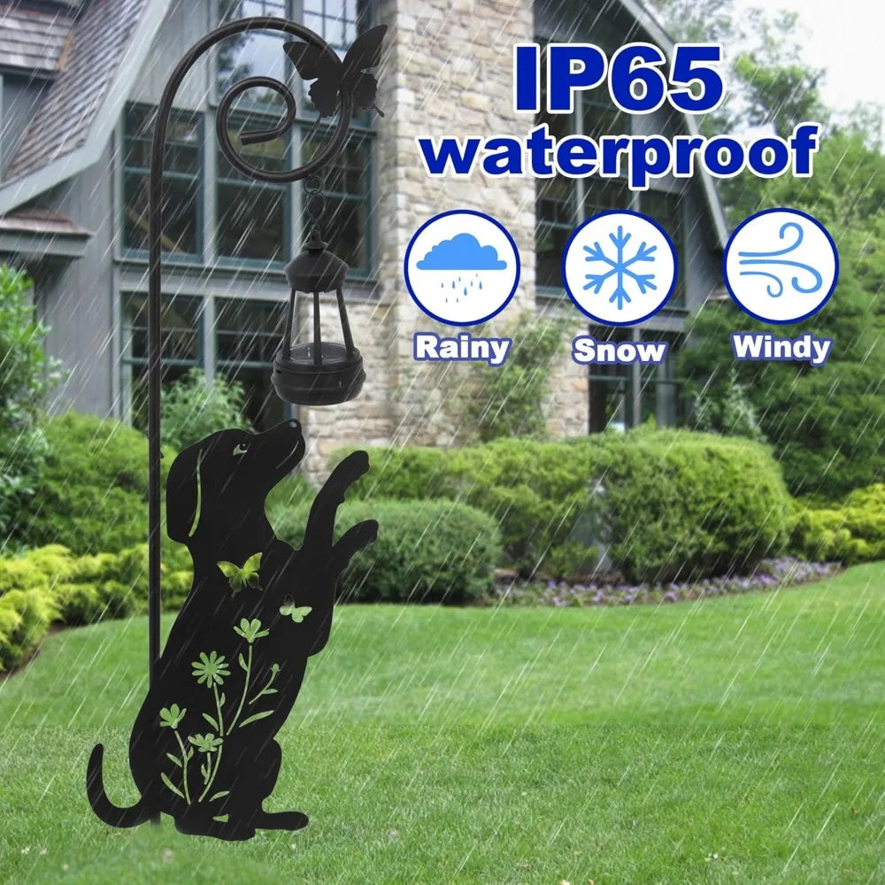 Solar Dog Lantern Garden Stakes - Outdoor Decorative Solar Lights for Yard, Patio, Pathway - Weatherproof Metal Dog Stake with A