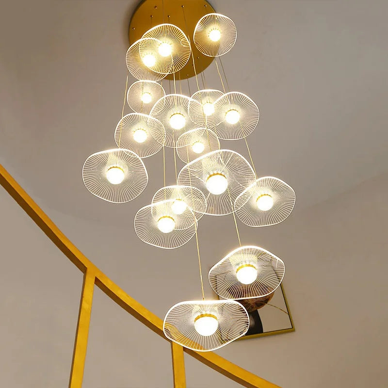 Modern LED Lotus Leaf Shaped Ceiling Chandelier Lobby Living Room Stairs Loft Pendant Lights Creative Golden Decor Hanging Lamp