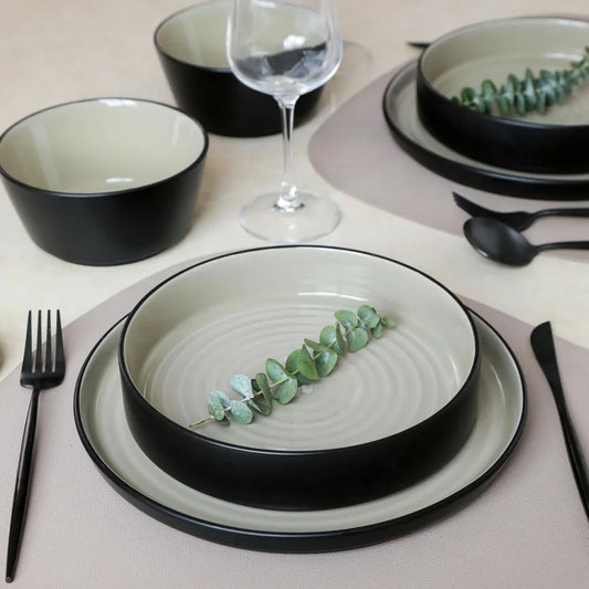 24-piece Modern Dinnerware Set, Plates And Bowl Sets For 8, Beige And Black,Dinnerware Set