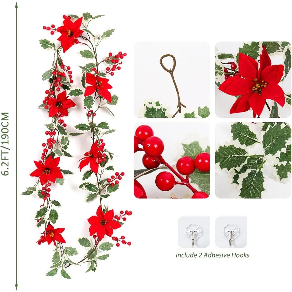 Christmas Garland 6.6Ft Artificial Christmas Garland, Pine Garland with Pine Cones, Red Berry, Red Flower Christmas Decoration f