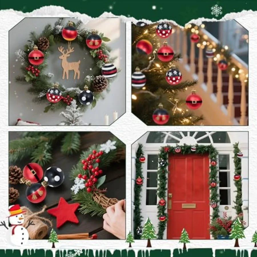 24 Pcs Christmas Ball Ornaments Set 2.36 Mouse Red Black Christmas Tree Decorations Plastic Shatterproof Hanging Baubles for Ho
