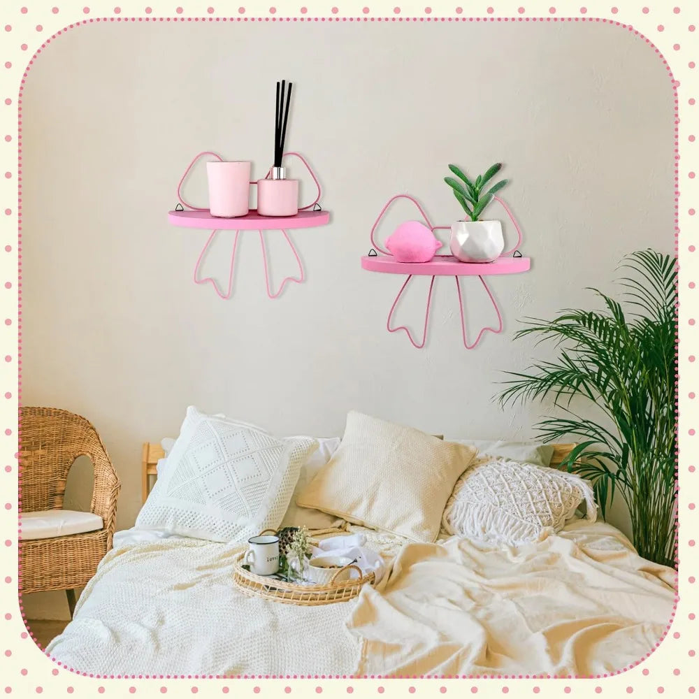 2 Pcs Kawaii Floating Shelf Pink Coquette Bow Wall Decoration Butterfly Semicircle Hanging Shelves Pink Bow Princess Wall Decor