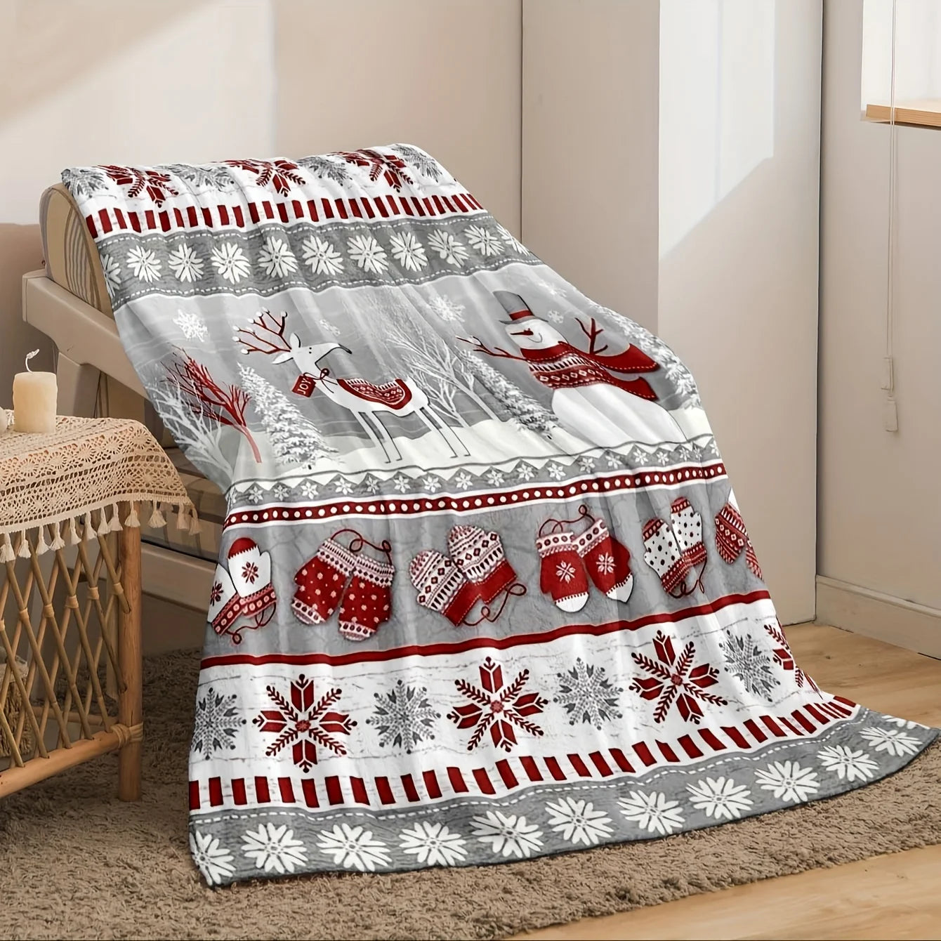 Cozy Vintage Christmas Reindeer & Snowman Flannel Throw Blanket - Ultra-Soft, Warm & Anti-Pill for Couch, Bed, Travel