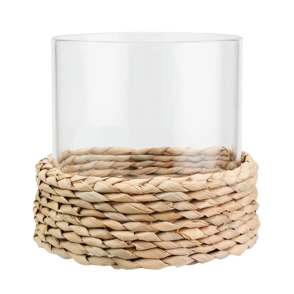 2 Pack Decorative Hurricane Candle Holder Woven Hyacinth Reed Pillar Style Home Decor Accent Gift