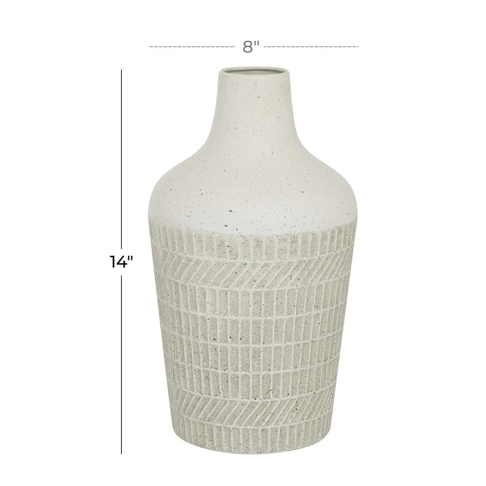 Contemporary Textured White Metal Vase Geometric Design Flower Centerpiece Indoor Decor Home Accent Ideal Living Dining Room