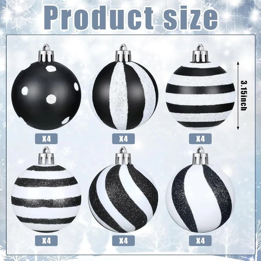 24 Pcs Christmas Black and White Ball Ornaments with Stripe Dot Design for Holiday Tree and Party Decoration Supplies 3.15 Inch
