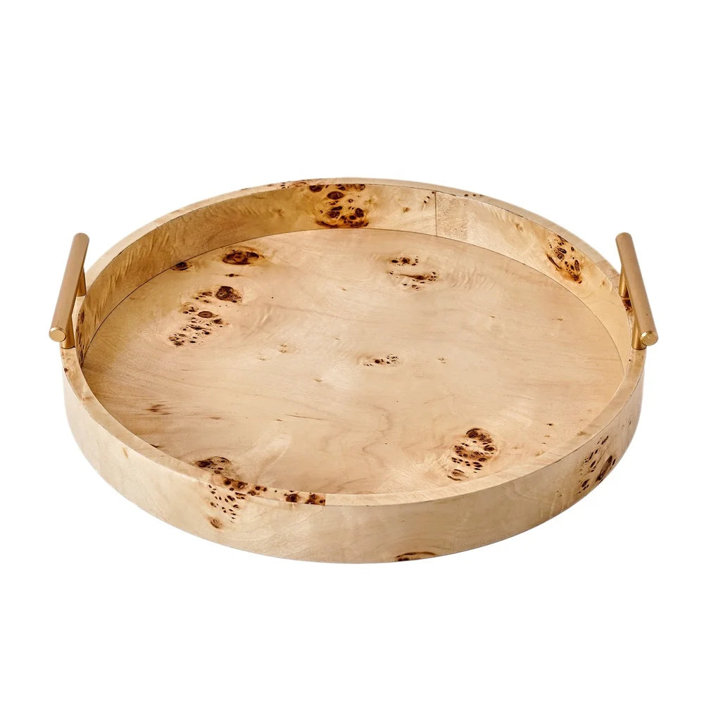 Round Burlwood Serving Tray with Gold Handles Lightweight Accent Piece Drinks Appetizers Home Decor 15.75 Inch
