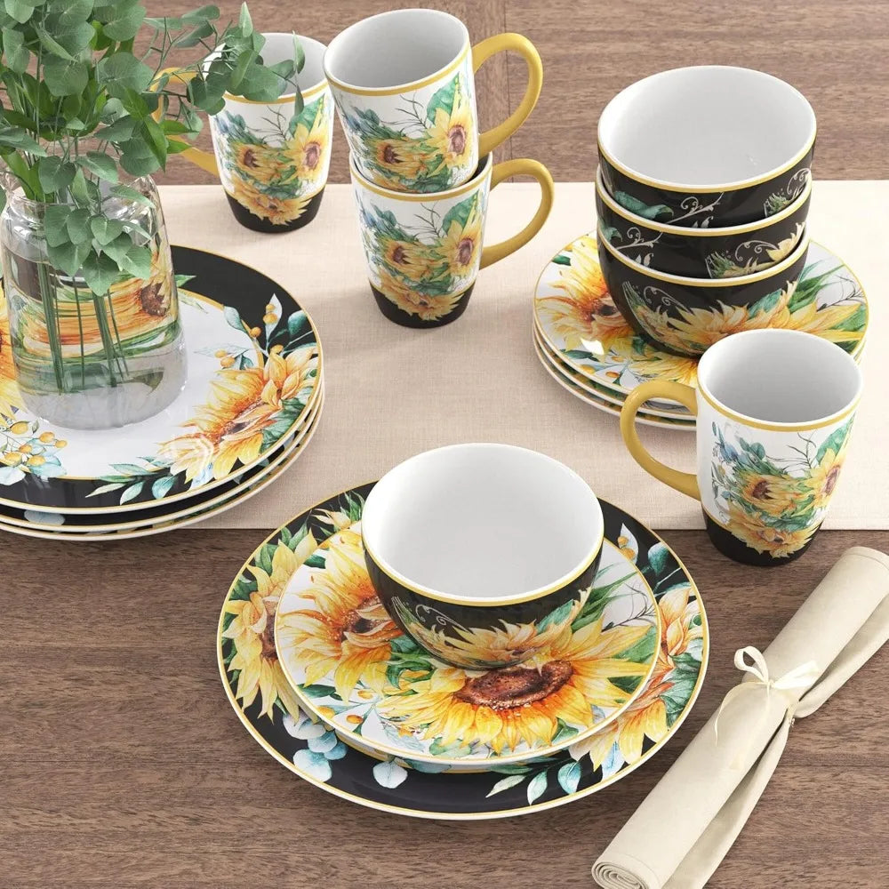 Sunflower-Themed 16-Piece Ceramic Dinnerware Set: Perfect for Autumn Gatherings, Everyday Dining, Brunches, and Hosting Parties