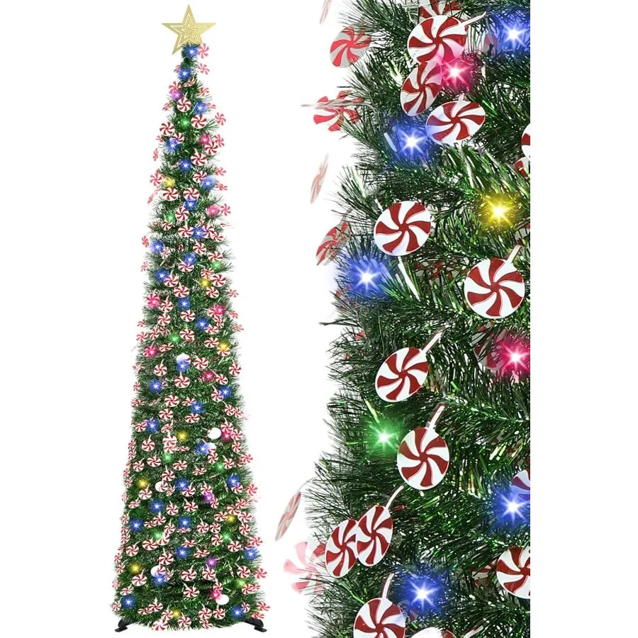 6 FT Pop Up Tinsel Christmas Tree with 100 Colored Timer Lights Remote Control Green Candy Collapsible Artificial Pencil Tree f
