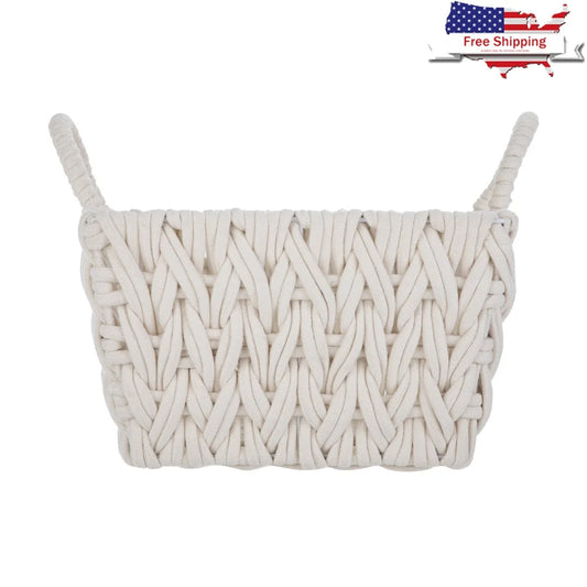 Medium White Woven Rope Decorative Storage Basket Handwoven Storage Organizer Loop Handles Bohemian Home Decor Basketweave