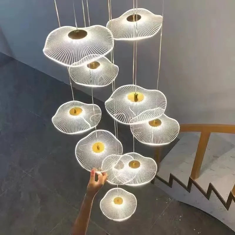 Modern LED Lotus Leaf Shaped Ceiling Chandelier Lobby Living Room Stairs Loft Pendant Lights Creative Golden Decor Hanging Lamp