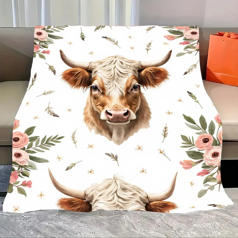 1pc Flannel Blanket Rustic Farmhouse Bull Blanket - Cozy Pastoral Scene Throw for Home Decor