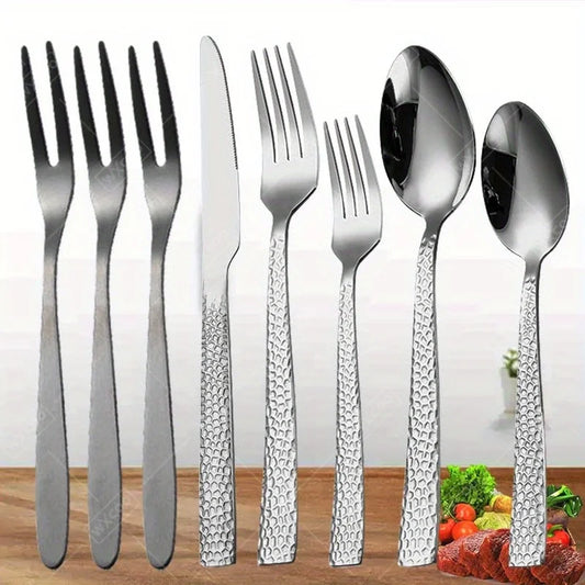 1Set 2Sets 3Sets Stainless Steel Silverware Set Creative Hammered Pattern Tableware Square Handle Flatware Kitchen Cutlery