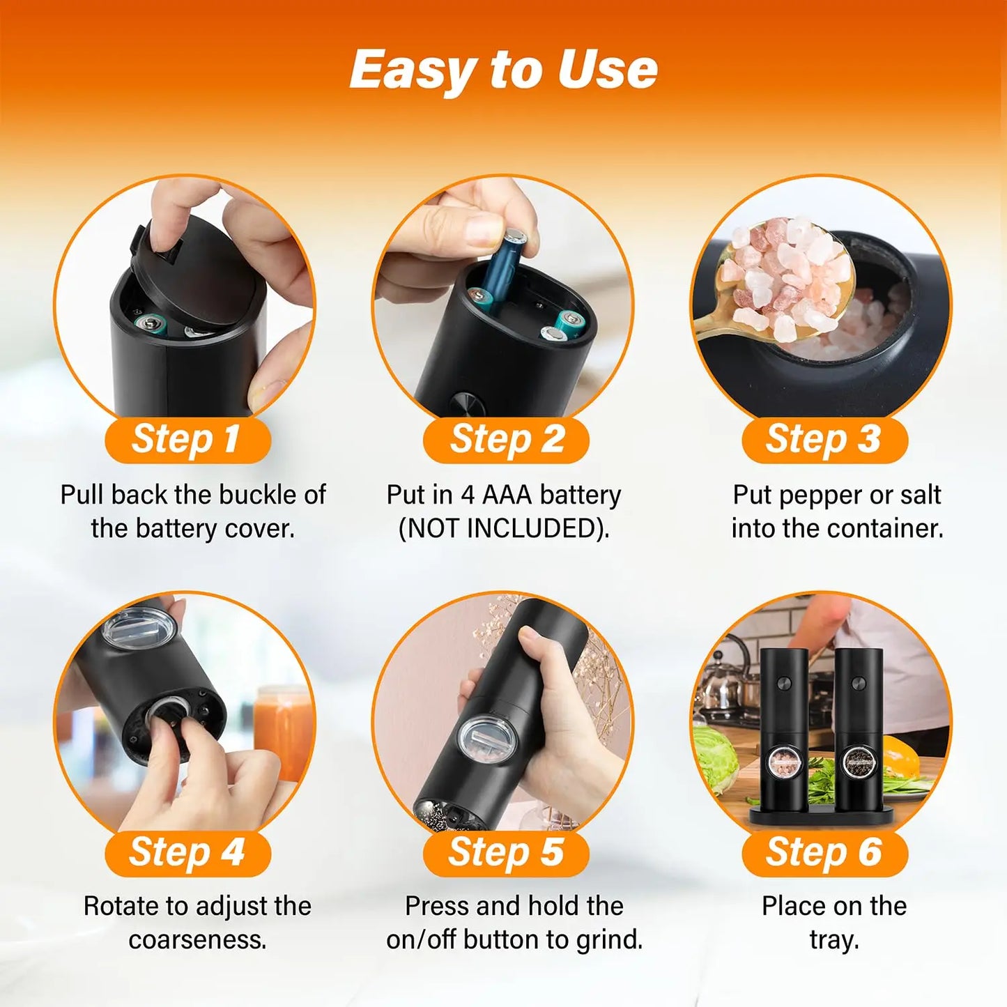 Electric Salt and Pepper Grinder Set, Adjustable Coarseness One Hand Operation, Battery Powered with LED Light and Stand,