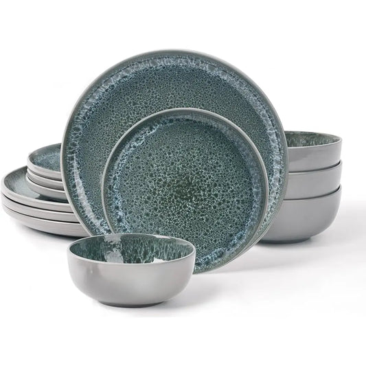 Ceramic Dinnerware Sets For 4, 12 Pieces, Handcrafted Stoneware Plates And Bowls Sets With Flowing Glaze, Microwave &