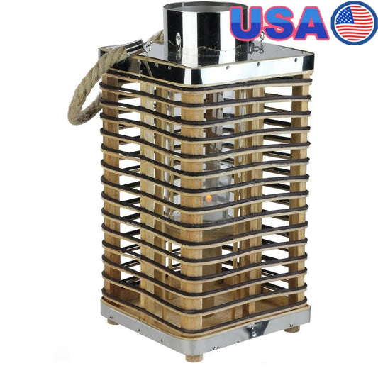 Rustic Rattan Candle Holder Lantern Glass Hurricane Jute Handle Outdoor Decor Unique Home Accent Rectangular 15.5 Inch