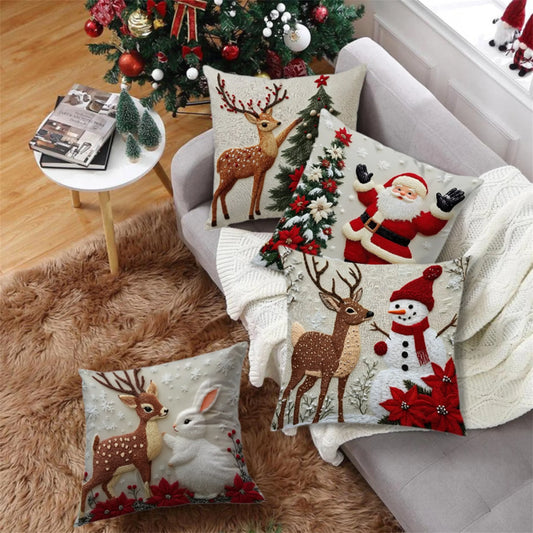 Set of 4 Christmas Pillow Covers featuring Santa Claus Reindeer and Christmas Tree Designs - Festive Holiday Pillow Cases