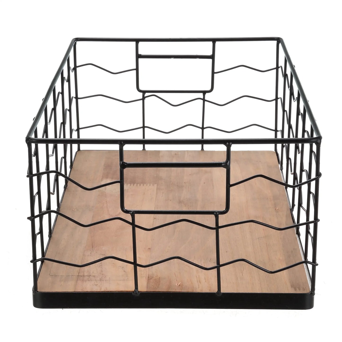 Decorative Black Wire Basket with Wood Board Base