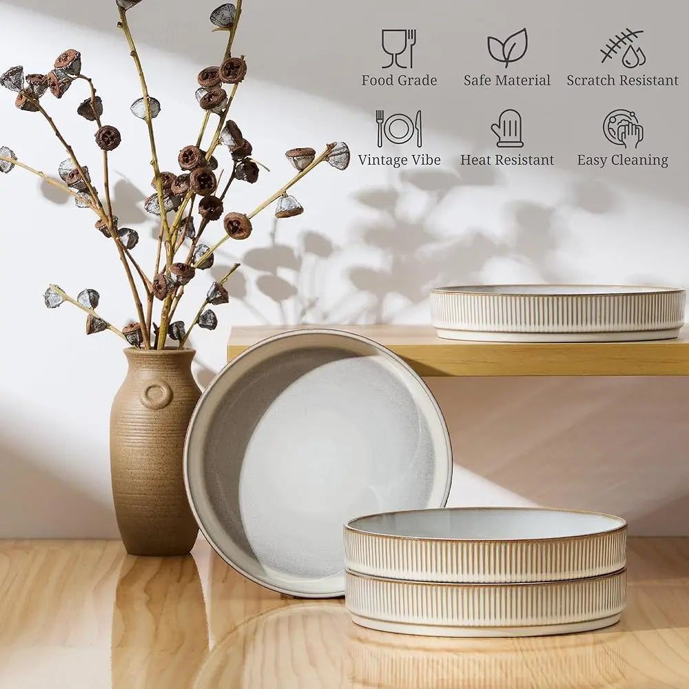 Pasta Bowls Set Of 4, 35Oz Large Salad Bowl Plate For Dinner Serving Soup, Wide & Shallow Ceramic Stoneware Pasta Plates,