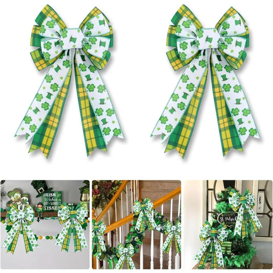 2 Pack St. Patricks Day Shamrock Bows for Door Frame Fireplace Tree Decorations - YEFIUO Clover Bows & Ribbons Decorative 8.66"*