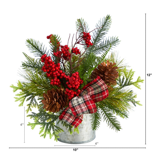 12" Holiday Winter Pinecones, Berries, Greenery Artificial Flower Christmas Arrangement