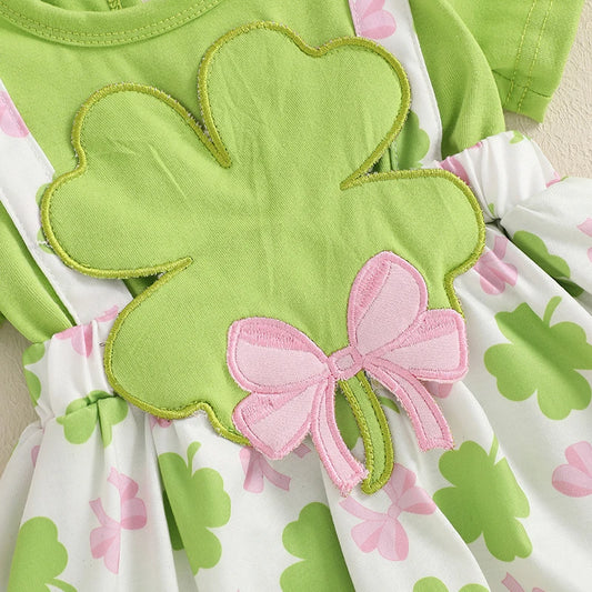 St Patrick s Day Baby Girl Outfit Shamrock Print Romper Dress with Bow Headband and Ruffled Skirt Hem Infant