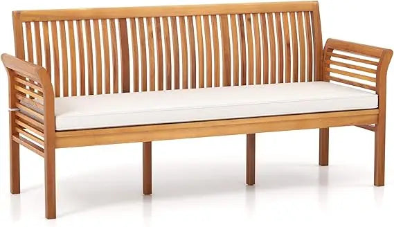 62.5’’ Outdoor Bench Acacia Wood - 3-Person Patio Bench w/Backrest, Armrests & Removable Seat Cushion, Slatted Wooden Garden Be