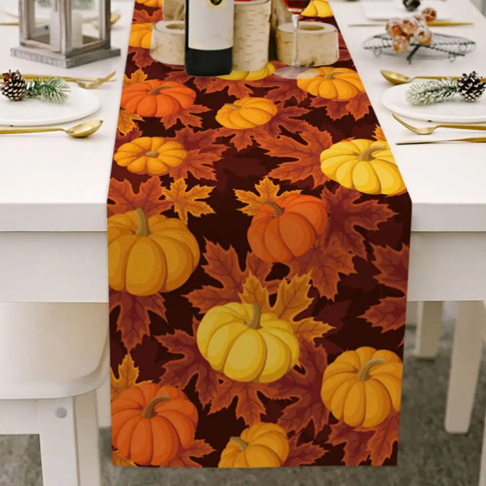 13x70in Orange Pumpkin Maple Kapok Linen Table Flag for Kitchen Coffee Dining Table Easter Thanksgiving Oil-proof Table Cloth