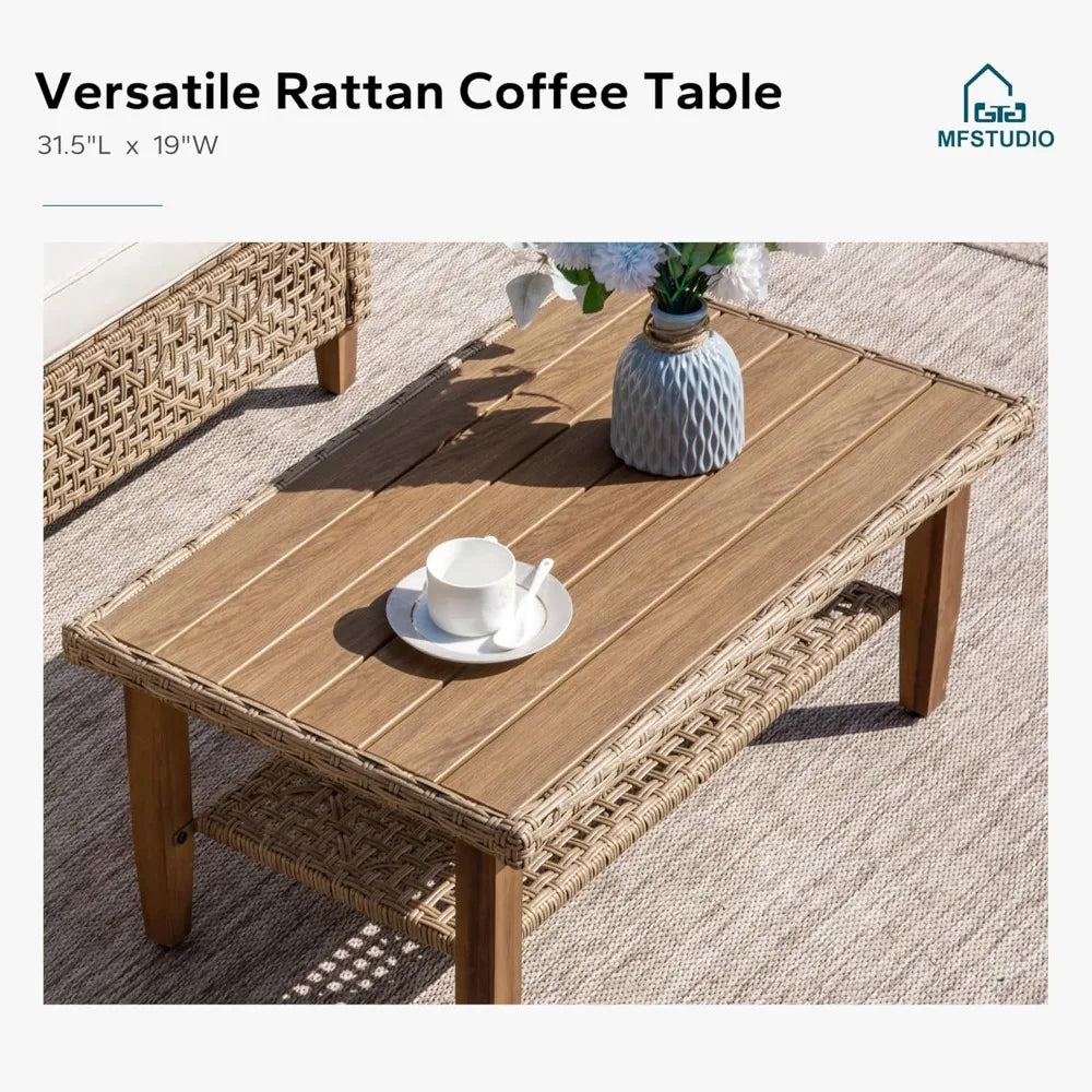 Patio Wicker Sectional Sofa Set 3 Pieces, Outdoor Small L-Shaped Couch Furniture Set with Wood Table and 2 Bench Sofa, 3-Piece