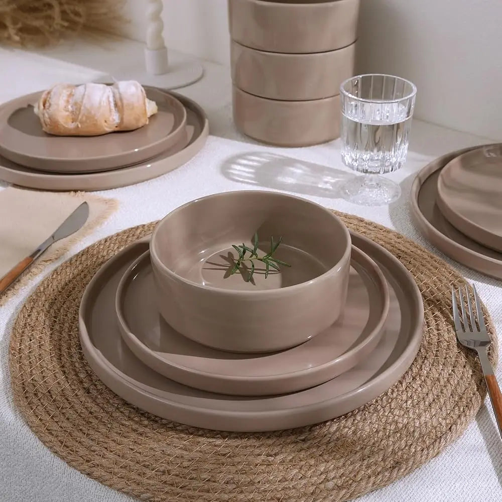 Nebula Plates And Bowls Set, 12 Pieces Dinnerware Sets, Dishes Set For 4, Cinnamon Brown