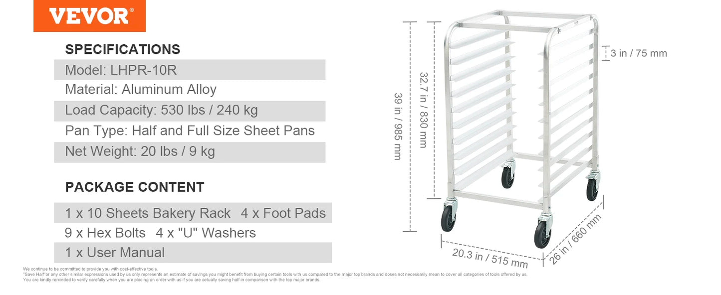 SucceBuy 10/20 Sheet Bun Pan Rack Commercial Bakery Racks with Brake Wheels Aluminum Racking Trolley Storage for Bread Baking