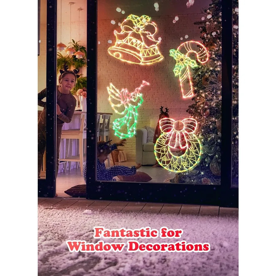 Christmas Window Silhouette Lights Decorations Pack of 4 Sign Colour Lighted Wreath Candy Cane Bell and Angel for Holiday Indoo