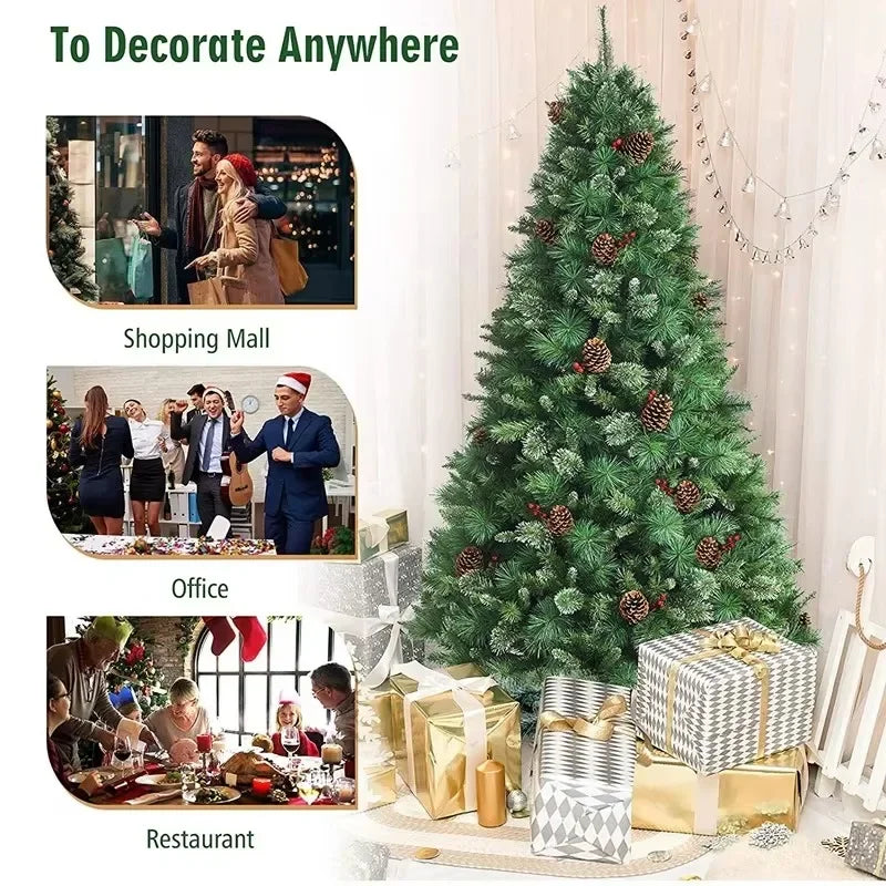 Christmas Tree 180cm/210cm Mixed Pine Needle PVC with Pine Cones & Red Berries, Full Shape, Iron Stand