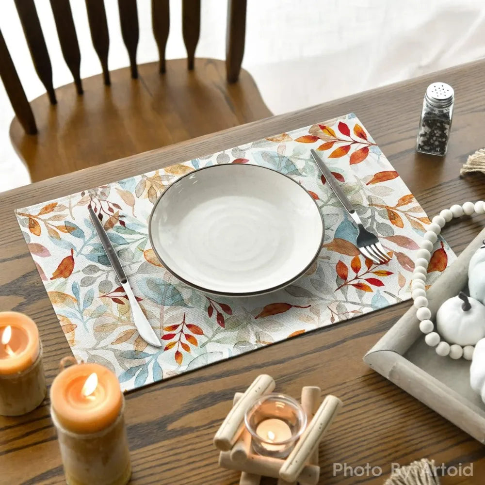eucalyptus leaves fall placemats set of 4, 12x18 inch seasonal autumn harvest table mats for outdoor home party dining decorati