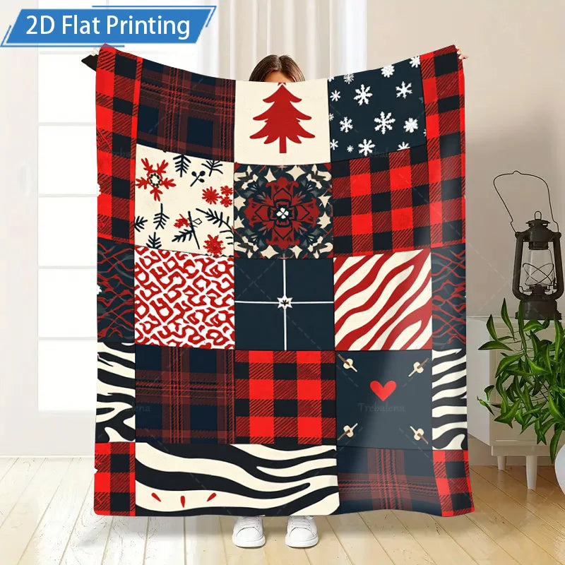 1pc Flannel Blanket Christmas Plaid Patchwork Fleece Blanket Cozy Winter Throw for Home Sofa Bed Decor