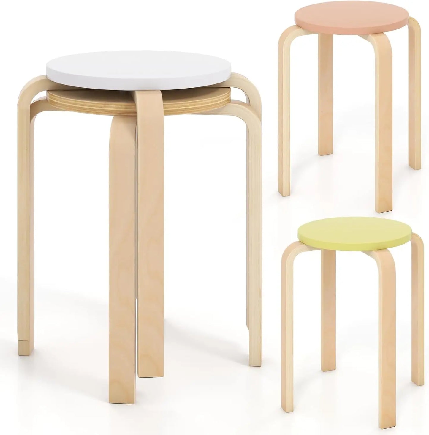 Stackable Bentwood Stools Set of 4,18Inch Height Backless Counter Chairs with Round Top,Anti-Slip Felt Pad,Portable School Stool