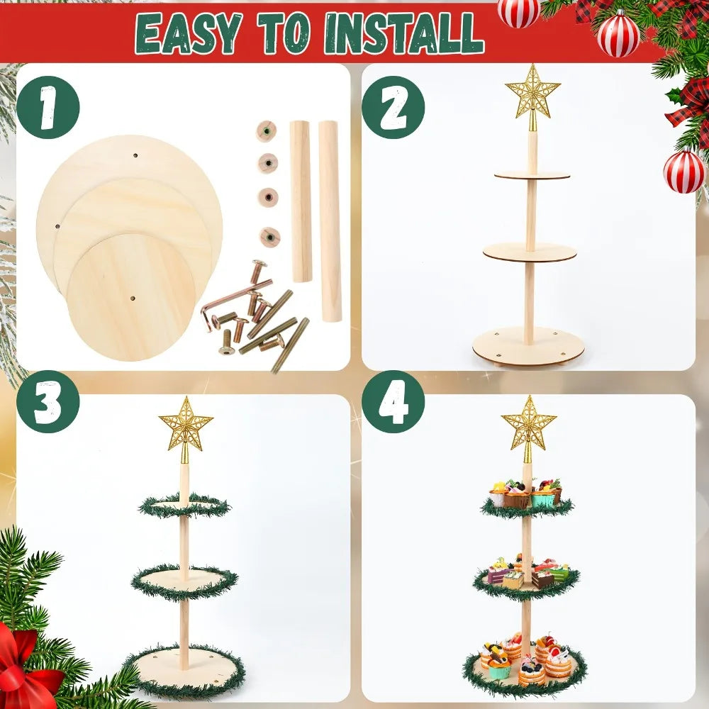 23.6" Wooden Christmas Tree Tiered Tray Decor Set with Golden Star & Garland, Holiday Table Centerpiece, Farmhouse Xmas Decor