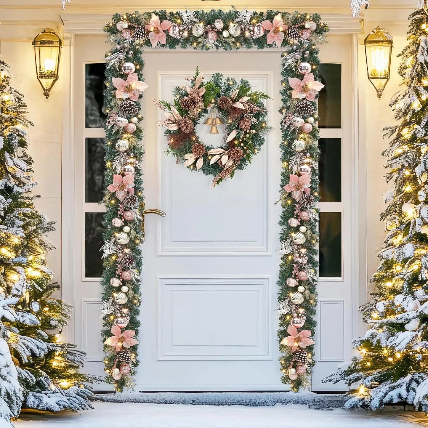 Christmas Garland with Lights, 6ft Pre Lit Outdoor Xmas Garland with Timer 20 LED Lights Pinecones Rose Gold Ball Ornaments