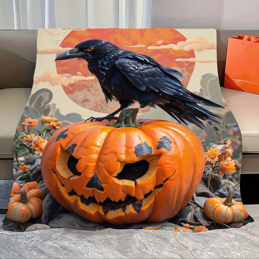 Flannel Blanket-Soft Lightweight All-season Halloween Pumpkin and Crow Cozy Baby Blanket Soft Plush Throw for Kids
