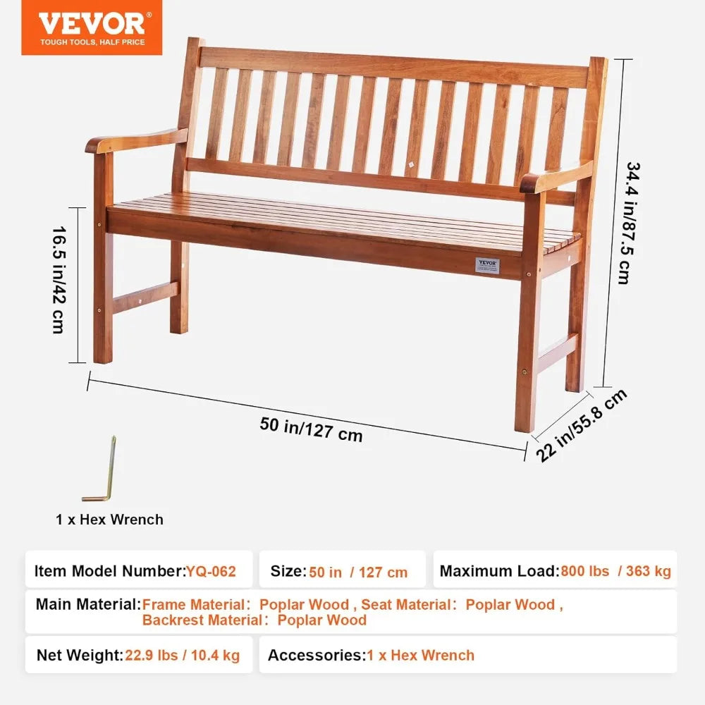 Wood Outdoor Bench, 2-Person Garden Bench with Backrest and Armrests, 800 lbs Load Capacity,All-Weather Never Rot Patio Bench f