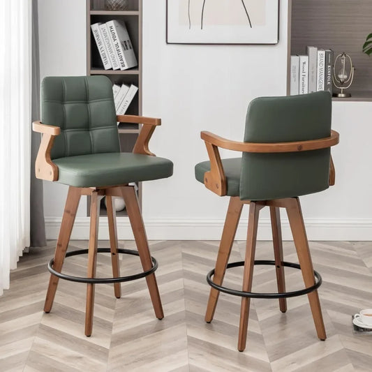 26” Counter Height Bar Stools,Leather Upholstered Bar Chair, Swivel Bar Stools with Back and Arms，Industrial Style Barstool Se