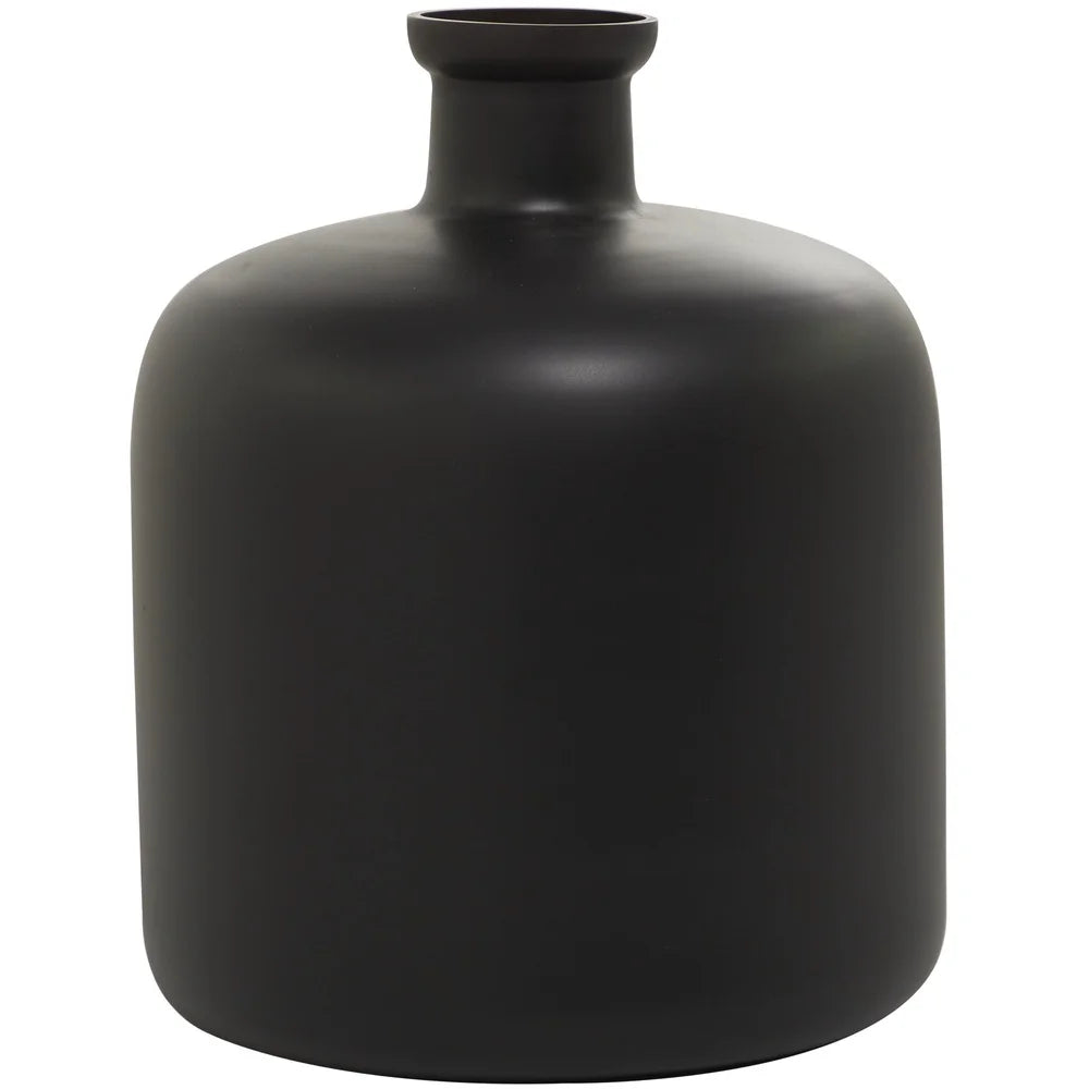 Modern Black Glass Vase 12 inch Drum Shape Decorative Flower Holder Minimalist Design Home Indoor Accent Piece Durable Opaque