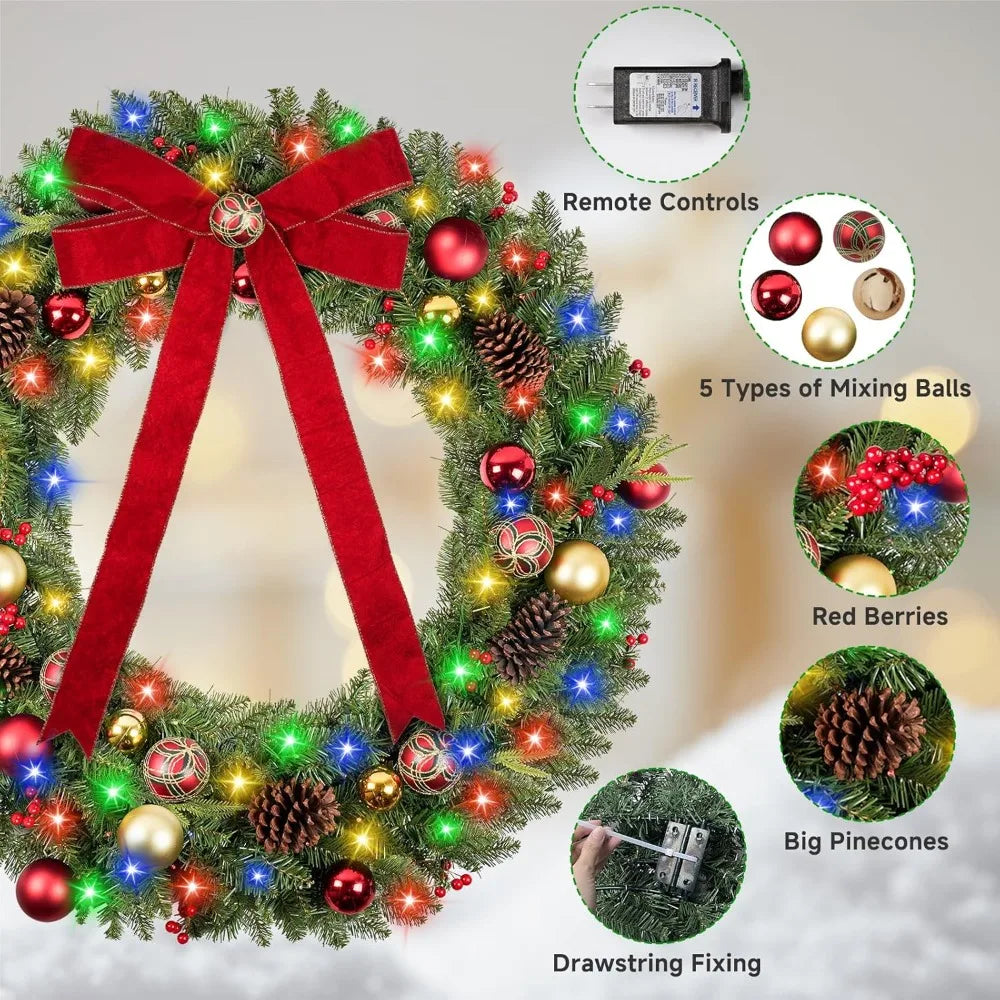 Vlorart 48 Large Outdoor Christmas Wreath with 200 LED Lights, Artificial Pre-lit Decor for Home Exterior
