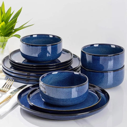 Ceramic Dinnerware Sets For 4, 12 Pieces Handmade Reactive Glaze Plates And Bowls Set, Scratch Resistant Dish Set, Oven &