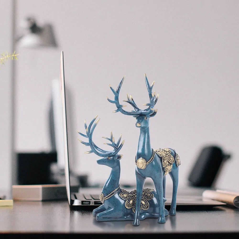 2 PCS Large Resin Deer Figurine Sculpture, Tabletop Hand-painted Statue for Home Office Art Decoration, Blue